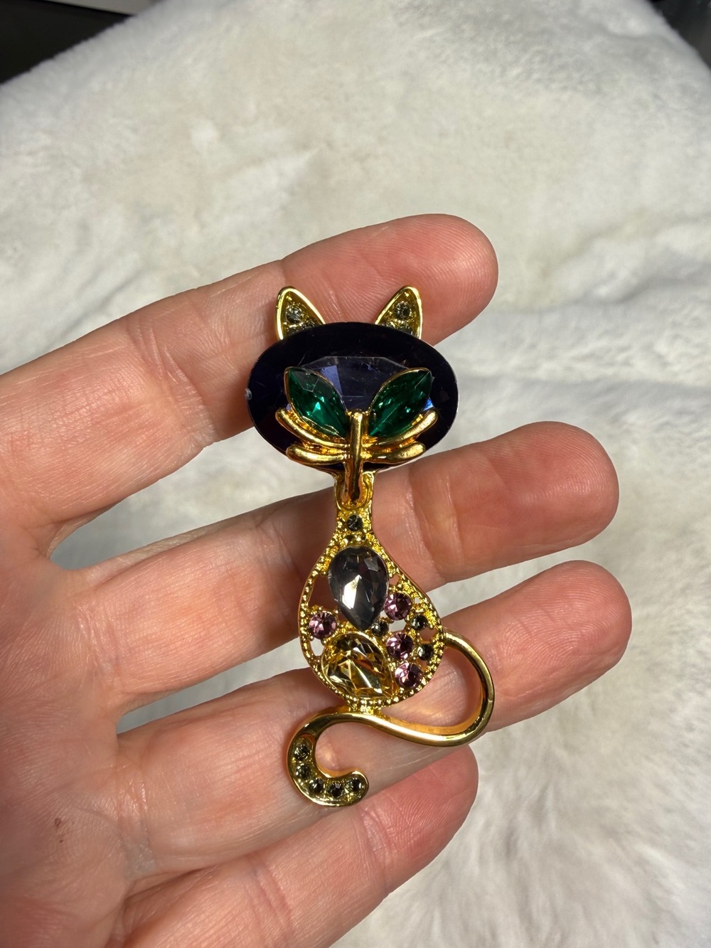 Gold-Tone Cat Brooch with Dark Blue and Green Accents
